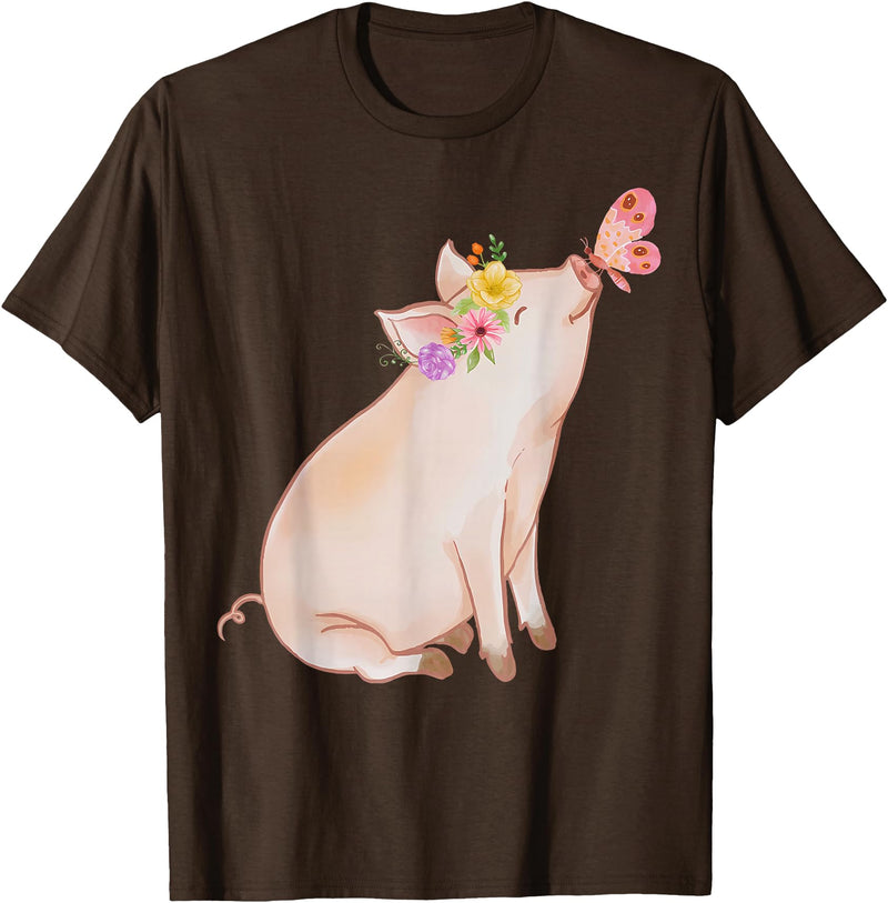 Watercolor Pink Pig With Floral And Butterfly Farm Design T-Shirt - Brown
