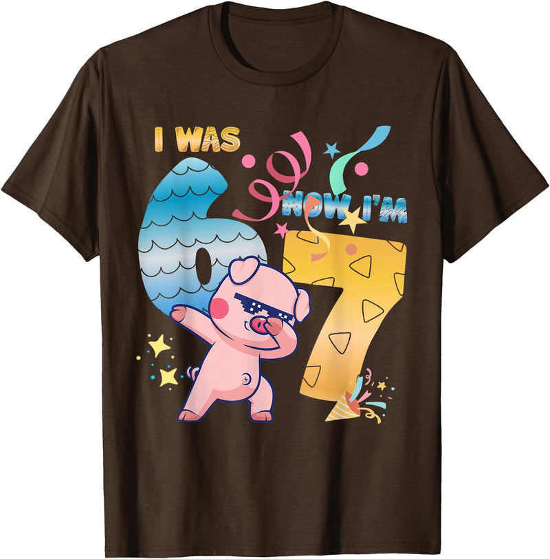 Funny 7th Birthday 6-7 Meme Pig Shir-t Kids Gift I was 6 Now I'm 7 Funny 67 Birthday Kids Boys Dabbing Pig T-Shirt - Brown