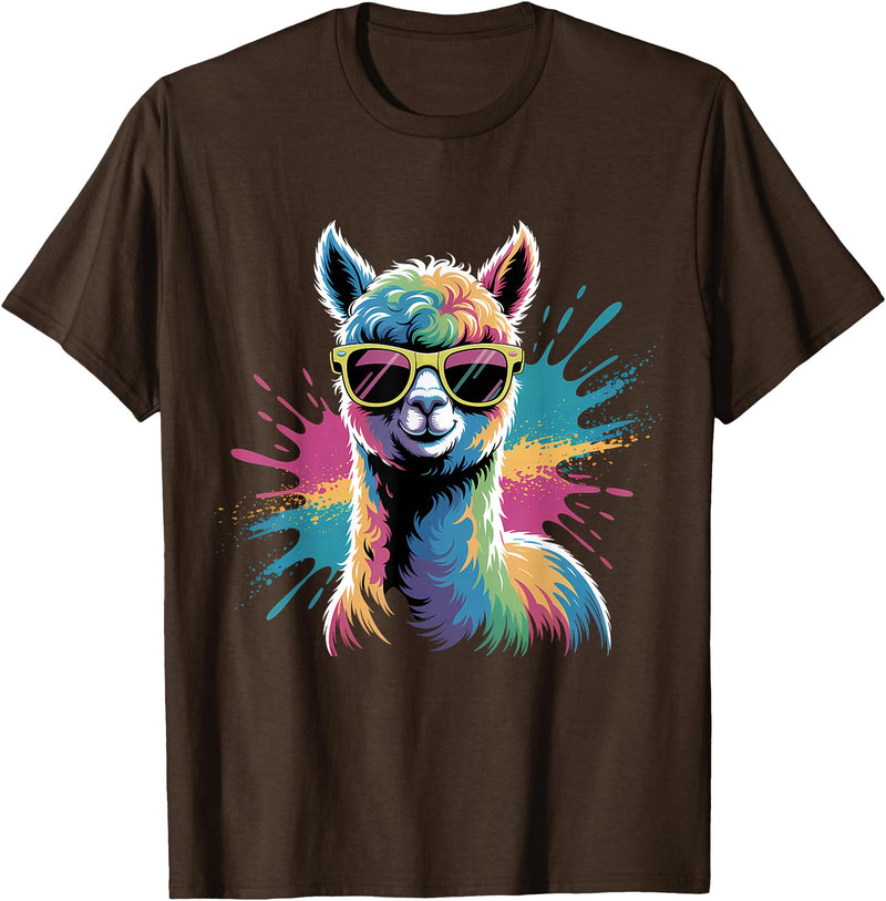 Funny Llama Lover Graphics Funny Llama Alpaca with Sunglasses Animal Graphic T-Shirt - Brown