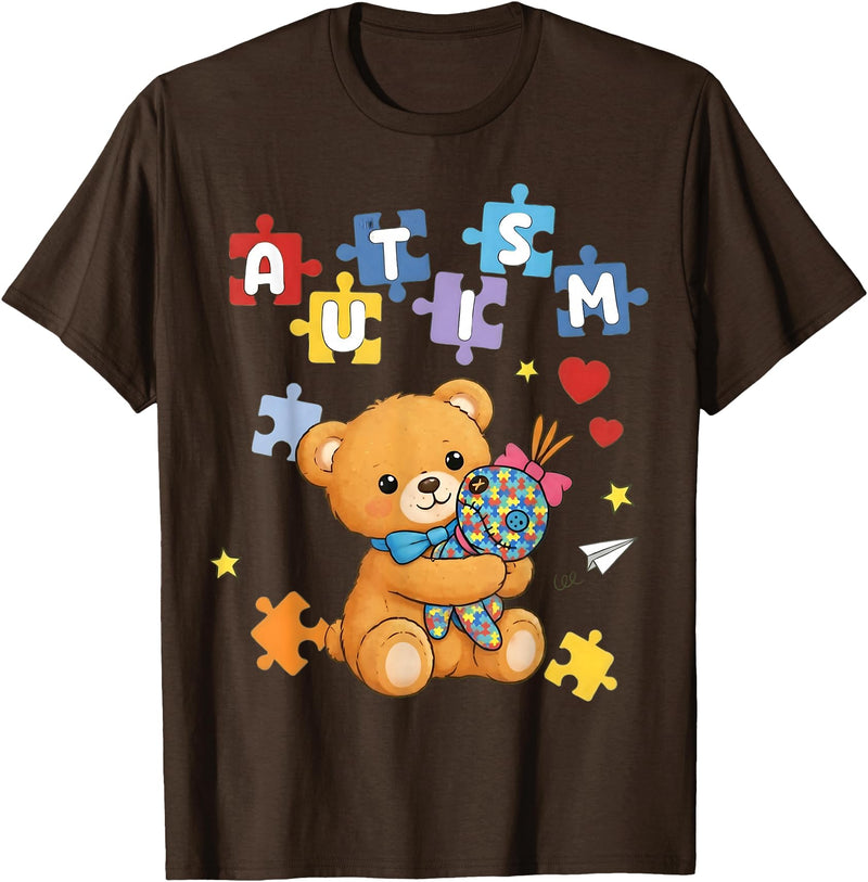 Cute Autism Awareness Puzzle Cute Autism Awareness Bear Colorful Puzzle T-Shirt - Brown