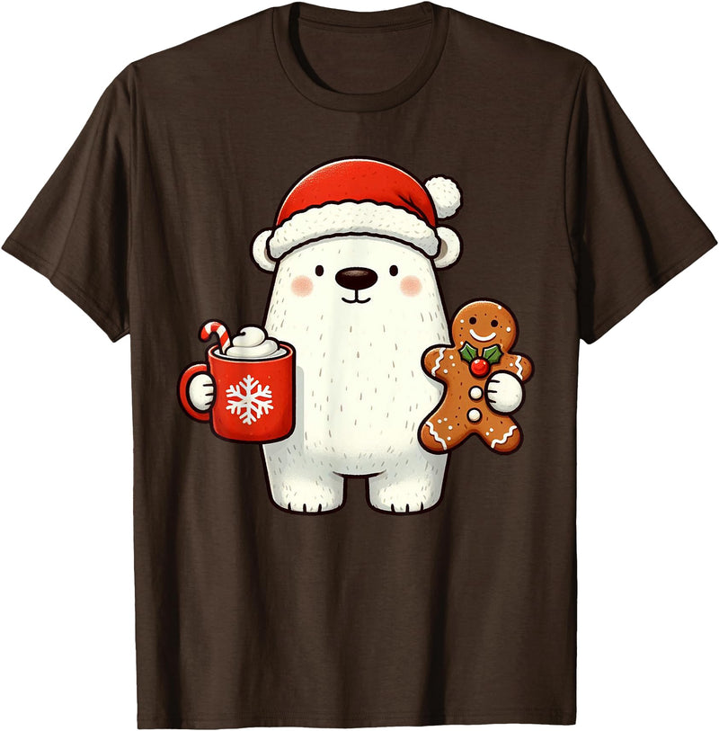 Cute Polar Bear Beanie Christmas Kawaii Japanese Polar Bear Santa Hat Christmas Holiday Xmas Coffee Cookies T-Shirt - Brown