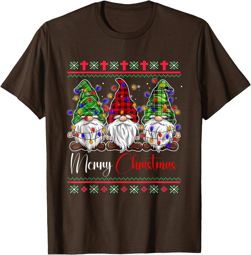 Xmas Lights Gnomes Holiday Graphics Merry Christmas Leopard Buffalo Red Plaid for Men Women T-Shirt - Brown