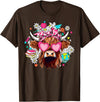 Cute Highland Cow Funny Teacher Life Retro Cute Highland Cow Teacher Bow Flower Heart Glasses T-Shirt - Brown
