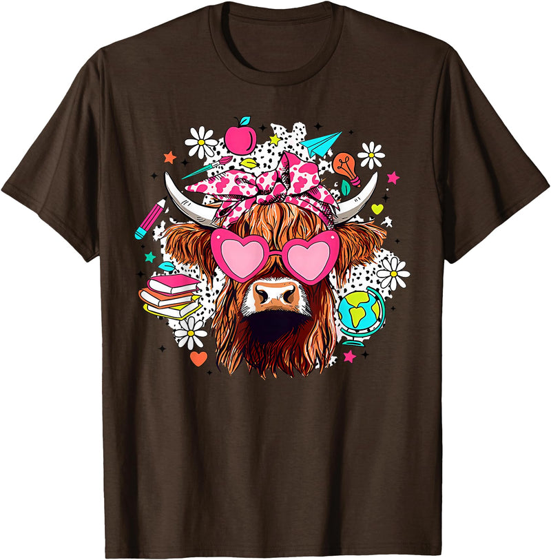 Cute Highland Cow Funny Teacher Life Retro Cute Highland Cow Teacher Bow Flower Heart Glasses T-Shirt - Brown