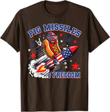 Pig Missiles and Freedom 4th of July Patriotic Hotdog T-Shirt - Brown