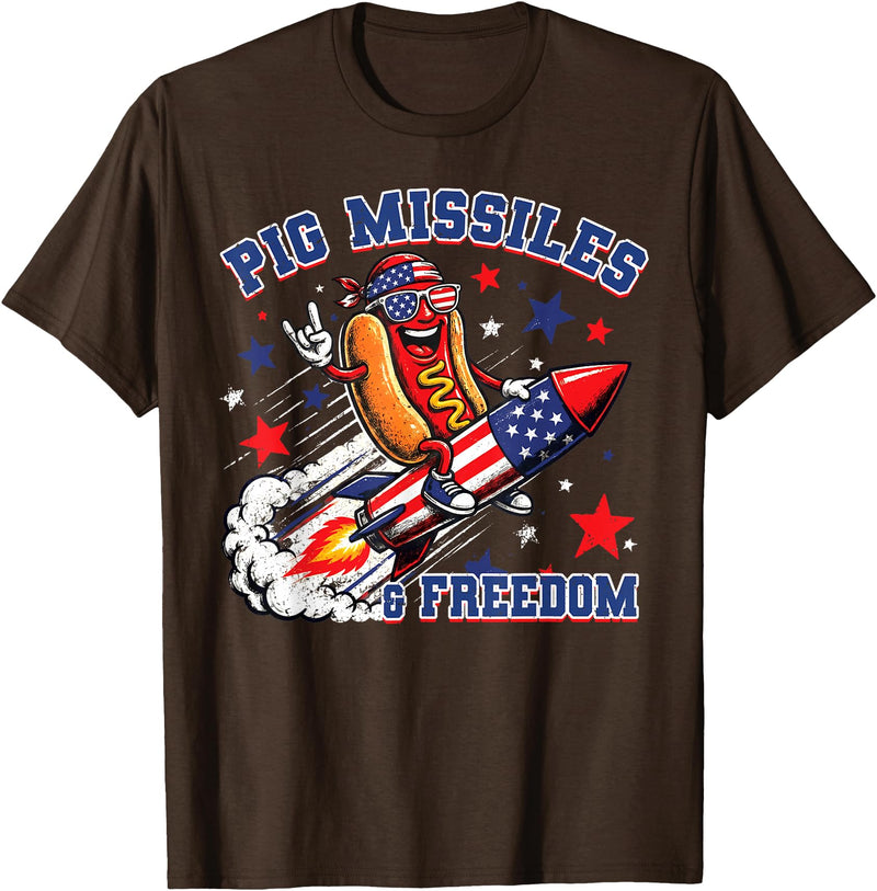 Pig Missiles and Freedom 4th of July Patriotic Hotdog T-Shirt - Brown