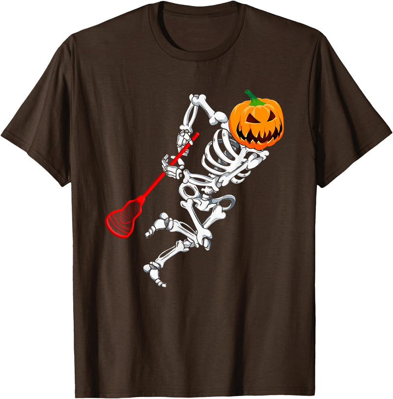 Lacrosse Skeleton Halloween Costumes Skeleton Lacrosse Halloween Pumpkin T-Shirt - Brown