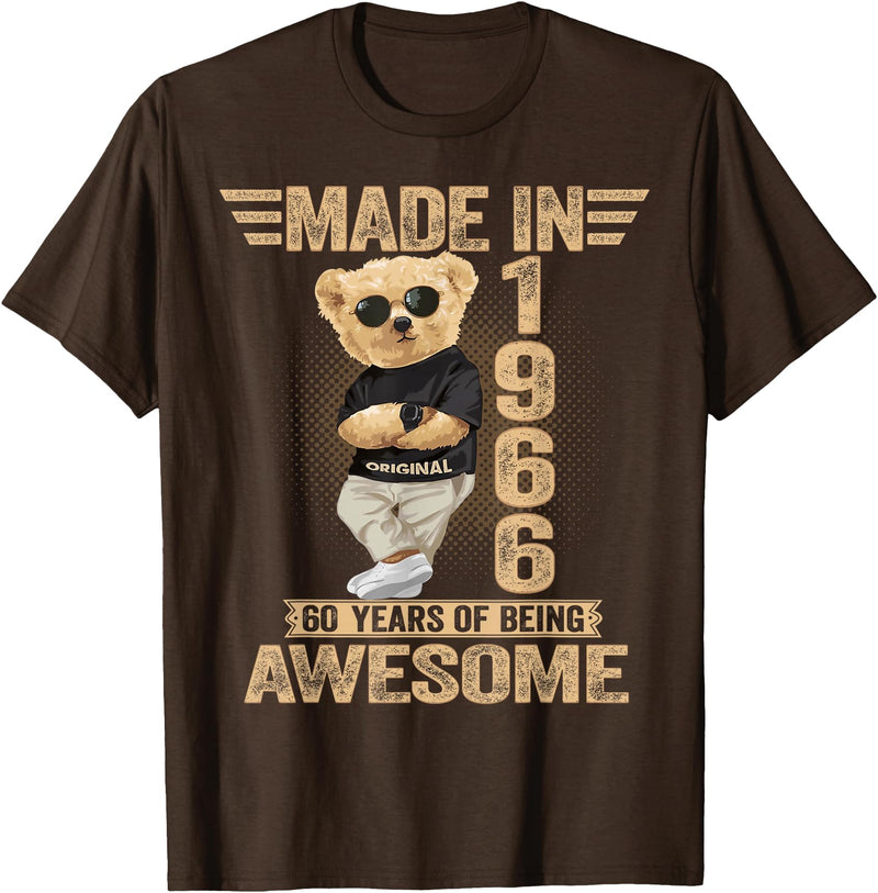 Vintage 60th Birthday 2026 Gifts Men Women 1966 60 Year Old Made in 1966 Teddy Bear 60th Birthday Men Women T-Shirt - Brown