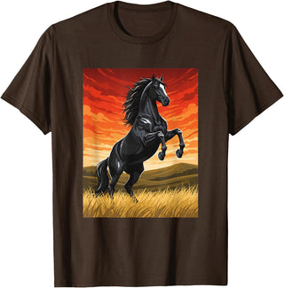Horse Ranch Cowboy Western Equine Stallion Wy Black Horse Rearing Sunset Ranch Horse Art Print Wy T-Shirt - Brown