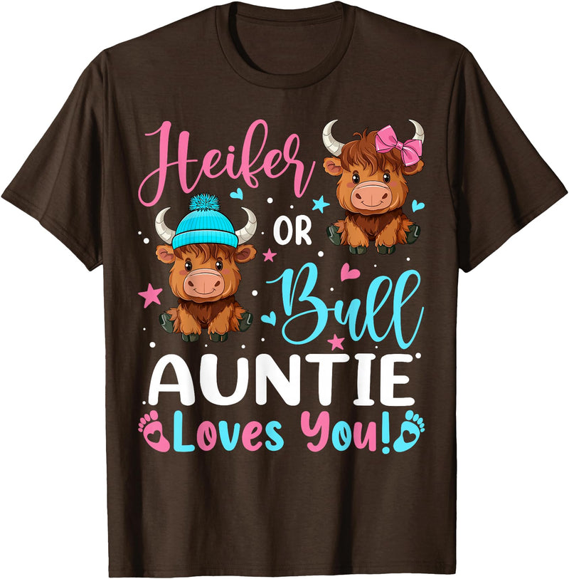 Reveal Party Highland Cow Bull or Heifer Auntie Loves You Highland Cow Lover T-Shirt - Brown
