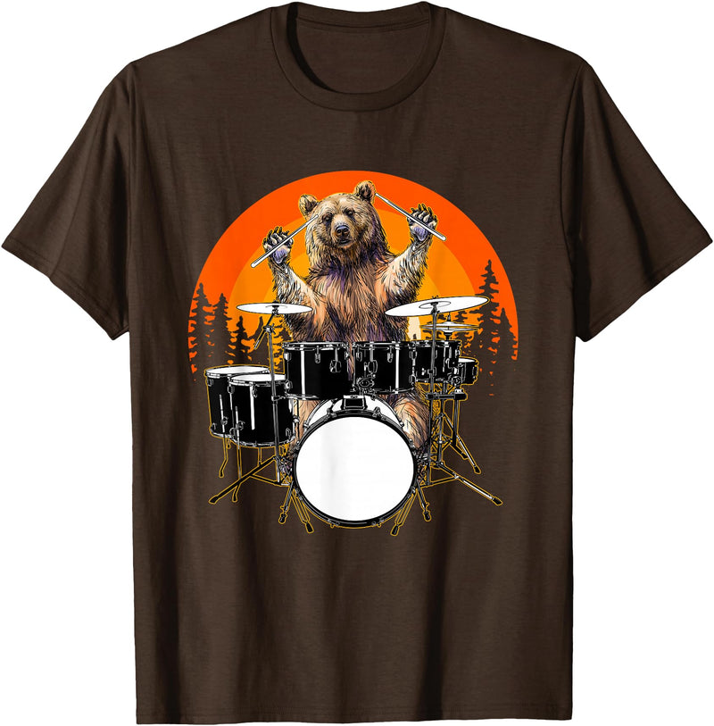 Drum Instrument Drummer Apparel Musical Animal Bear Playing Drums For Drum Lover And Musical Drummer Lover T-Shirt - Brown