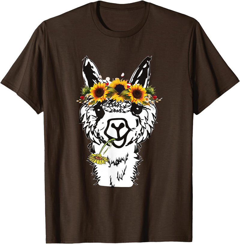 Funny Llama Alpaca Animal Lover Women's Floral Llama Alpaca Funny Graphics T-Shirt - Brown