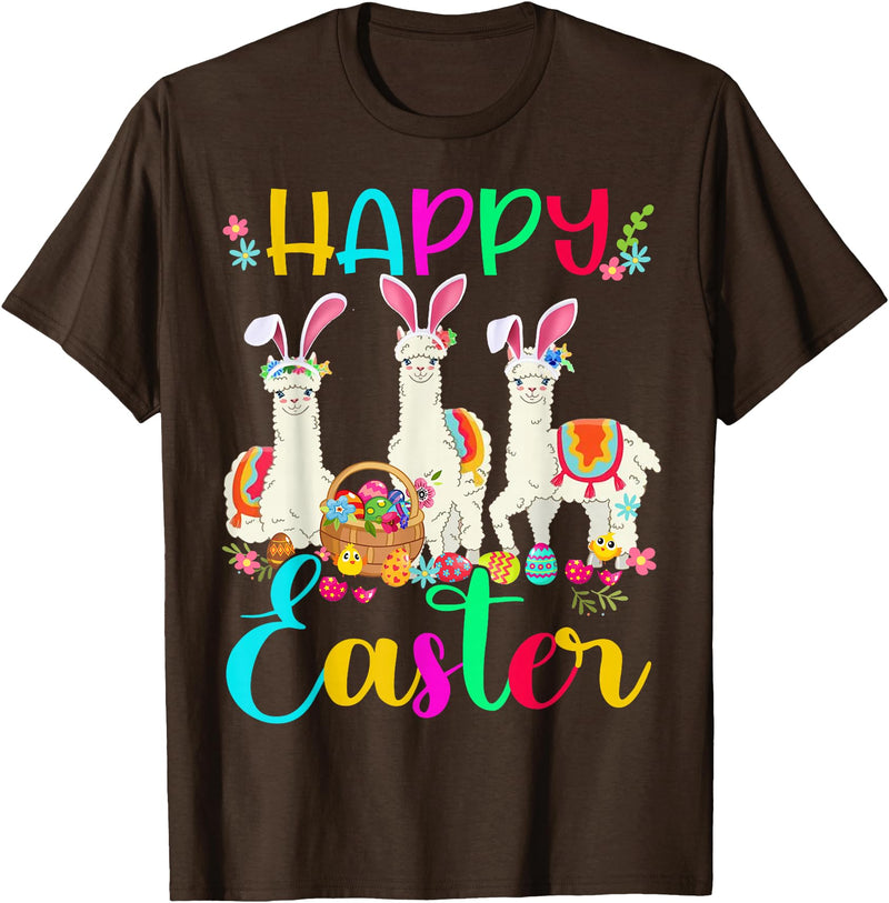 Happy Easter Three Llama Wearing Bunny Ear Happy Easter Llama Lover Three Llama Wearing Bunny Ear T-Shirt - Brown