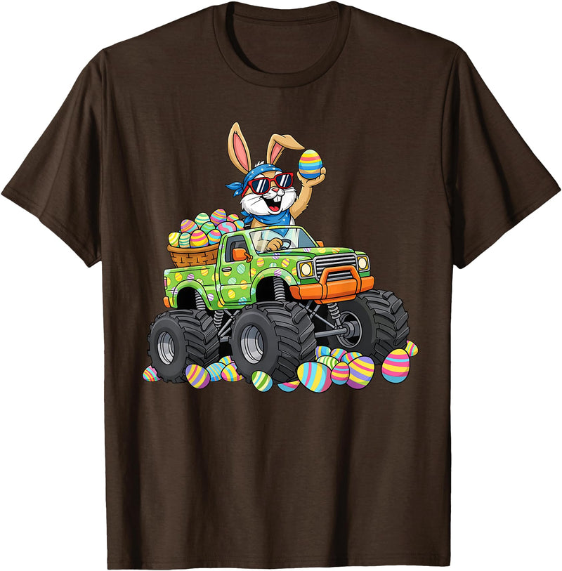 Easter Day Bunny Monster Truck Eggs Cool Rabbit Men Boys Kid T-Shirt in Brown