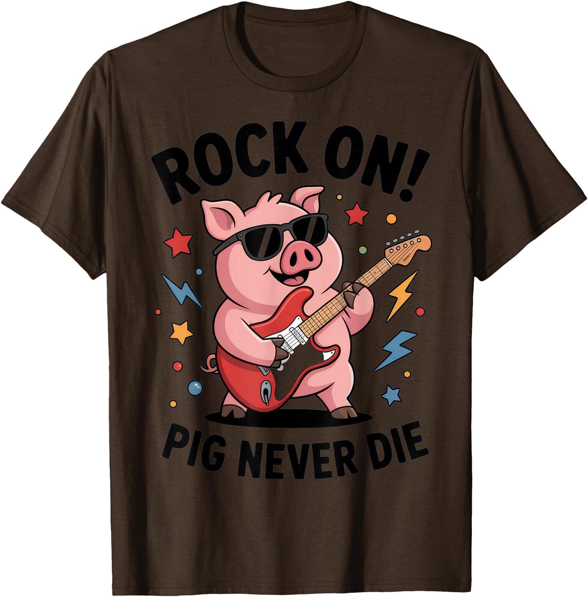 Musical Pig Tribe Collective for Rock Enthusiasts Rock On Pig Never Die Music Lovers Funny Concert Vibe T-Shirt - Brown
