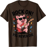 Musical Pig Tribe Collective for Rock Enthusiasts Rock On Pig Never Die Music Lovers Funny Concert Vibe T-Shirt - Brown