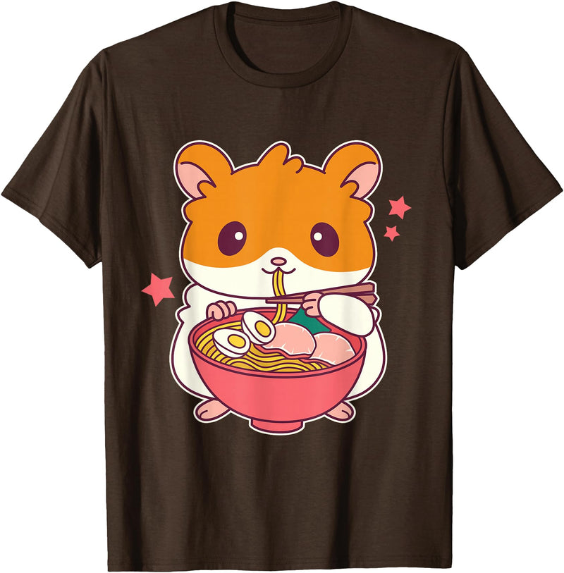 Cute Hamster Eating Ramen Hamster Lovers T-Shirt - Brown