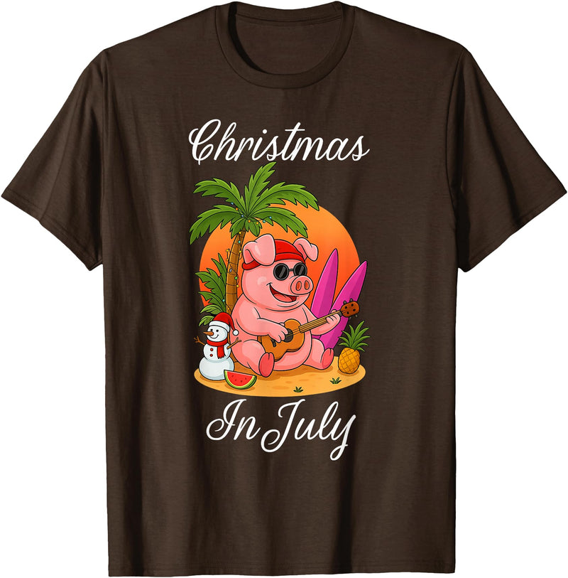 Cute Funny Pig Christmas Xmas Summer Vacation Gift Christmas In July Cute Pig Funny Summer Vacation Beach Vibes T-Shirt - Brown