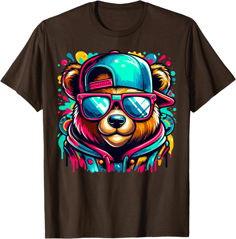 Funny Teddy Bear Lovers Colorful Hip Hop Teddy Bear Sunglasses Rap Music T-Shirt - Brown