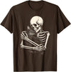 Retro Skeleton Hugging Cat Halloween Tee Skeleton Hugging Cat Halloween Cat Lover Cat Mom Dad T-Shirt - Brown