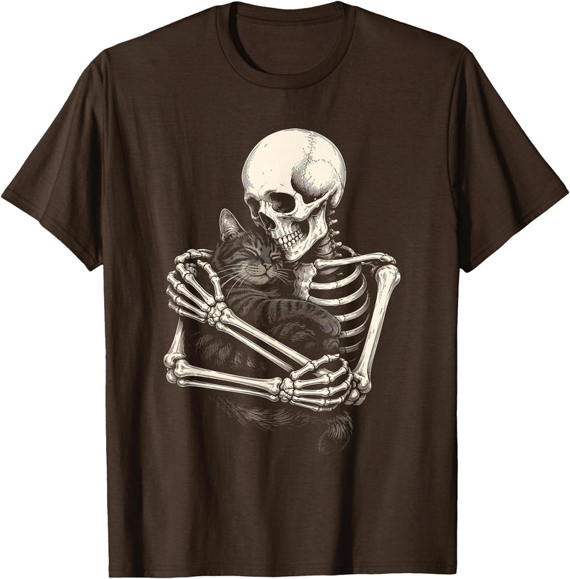 Retro Skeleton Hugging Cat Halloween Tee Skeleton Hugging Cat Halloween Cat Lover Cat Mom Dad T-Shirt - Brown