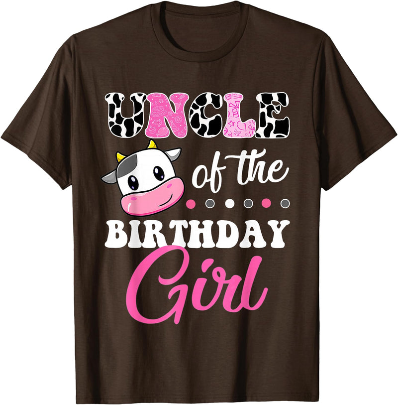 Cow Lover Birthday Men Women Kids Shirts & Gifts Uncle Of The Birthday Girl Family Matching Shirt Farm Cow T-Shirt - Brown