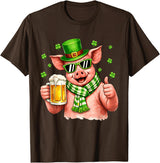 Amt Pig & Drinking Beer Lovers Saint Patrick's Day Funny Pig Drinking Beer Leprechaun Shamrocks St Patricks Day T-Shirt - Brown