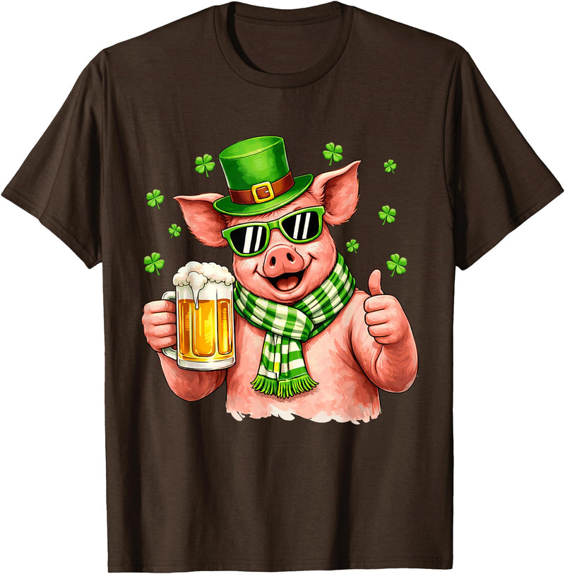 Amt Pig & Drinking Beer Lovers Saint Patrick's Day Funny Pig Drinking Beer Leprechaun Shamrocks St Patricks Day T-Shirt - Brown