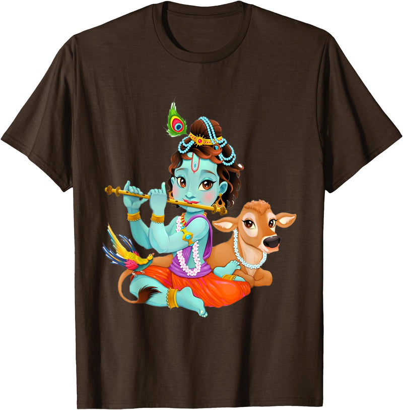 Clever Witty Designs Hindu god Lord Shri Krishna with a Cow and a Bird T-Shirt - Brown