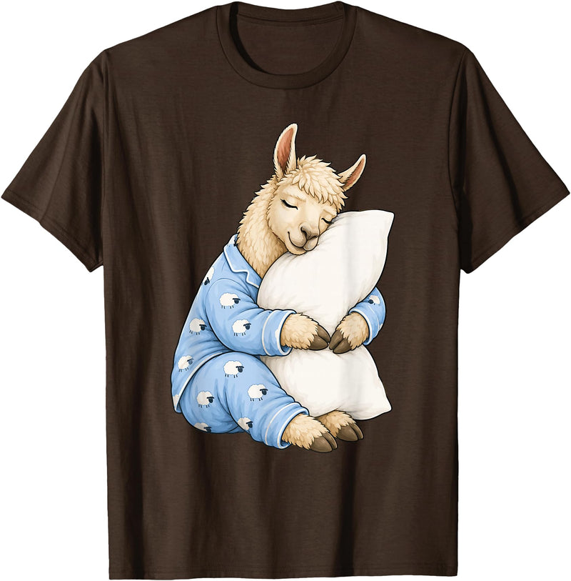 Funny Sleepy Llama Animal Lovers Pajama Llama Sleeping in Cute Pajamas Sleep T-Shirt - Brown