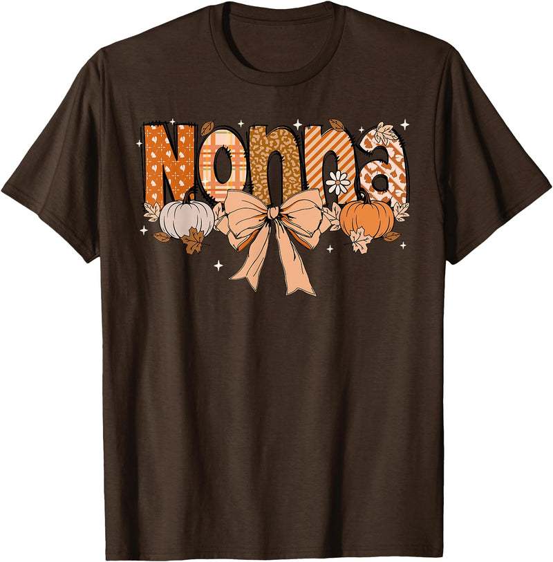 Pumpkin Fall Leopard Happy Thanksgiving Mat Nonna Pumpkin Fall Coquette Bow Thanksgiving Mom Women T-Shirt - Brown