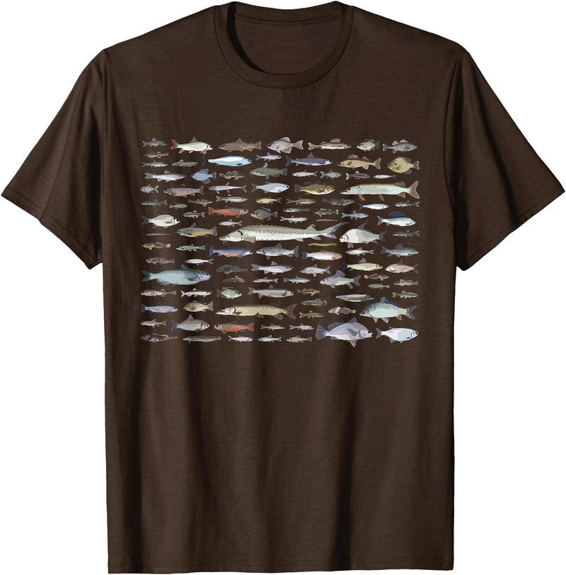 100 Types Of Fish Species Tee 100 Types of Freshwater Fish Species Fishing T-Shirt - Brown