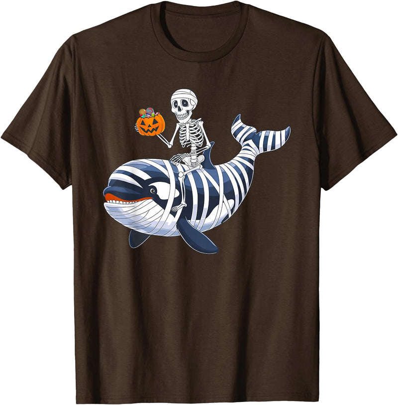 Orca Skeleton Halloween Whale Apparel Co. Skeleton Riding Mummy Orca Halloween Candy Whale T-Shirt - Brown