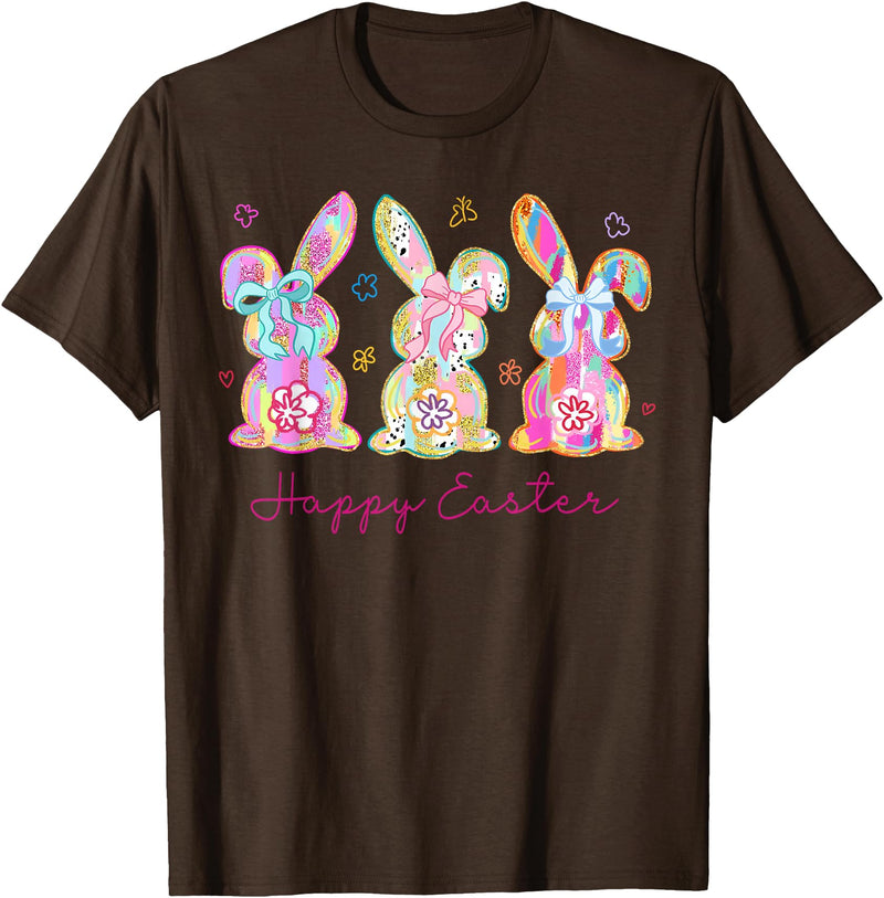 Funny Bunny Three Rabbits Eggs Happy Easter Tie Dye Trendy T-Shirt in Brown