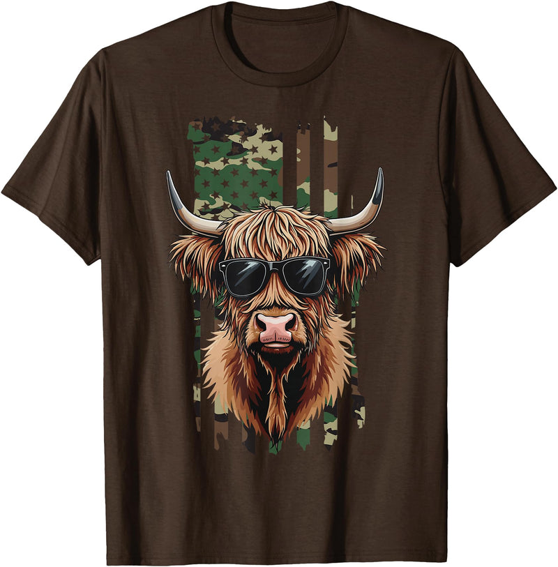 Highland Cow by AKH Highland Cow Camo American Flag, Patriotic Highland Cow T-Shirt - Brown
