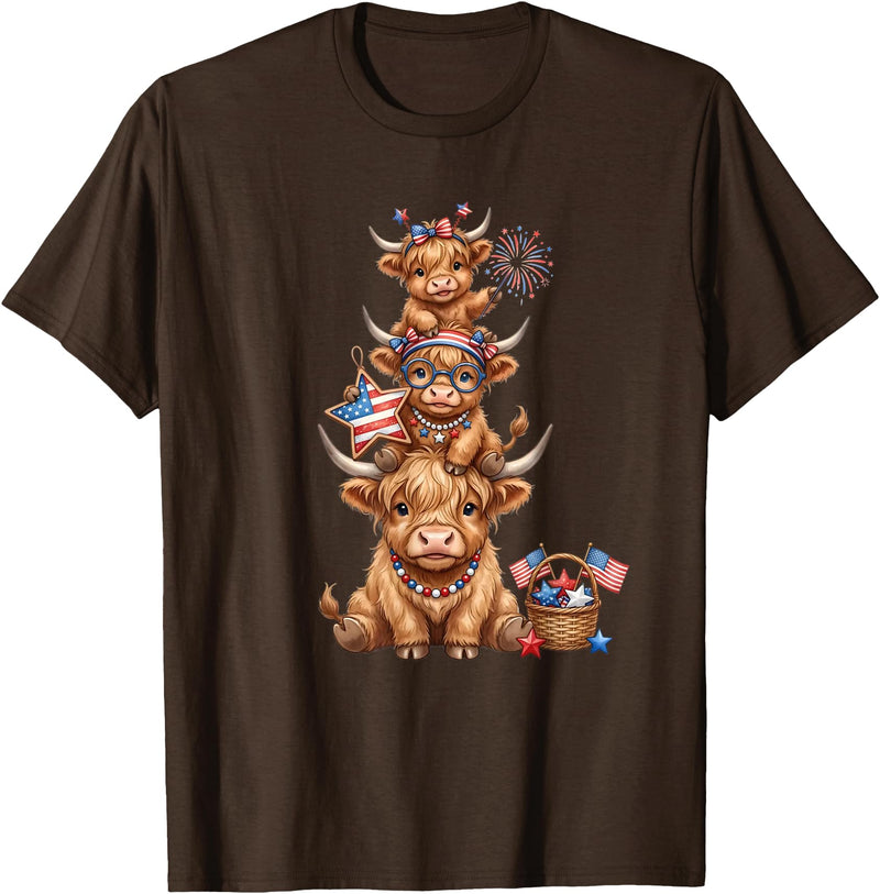 Funny 4th Of July Highland Cow Apparel Cute Highland Cow 4th of July Patriotic American Flag T-Shirt - Brown