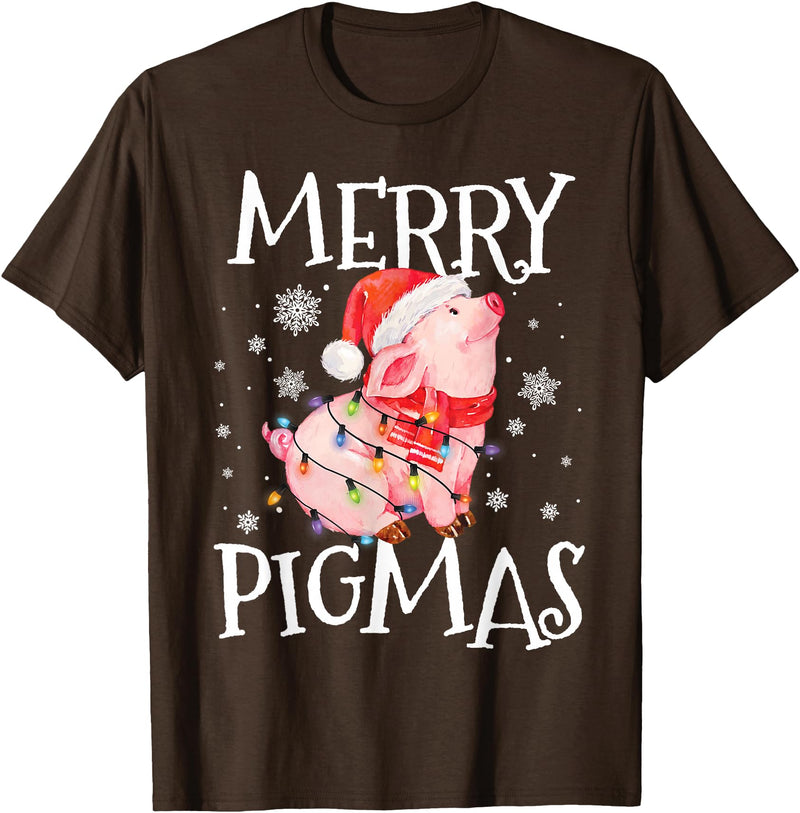 Christmas Funny Gifts Merry Pigmas Funny Pig Christmas Lights Tree Xmas Funny T-Shirt - Brown