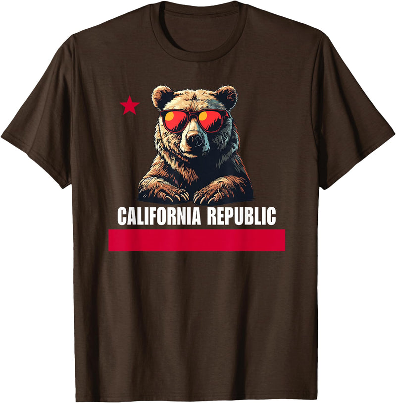 California Summer Surfing California The Golden State Bear Flag T-Shirt - Brown