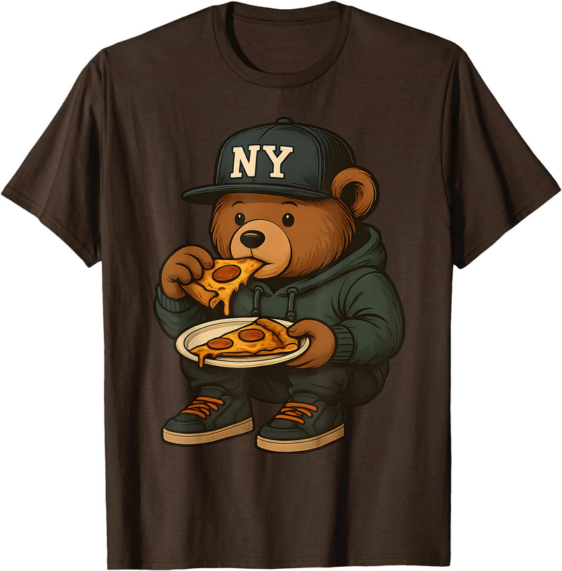 Street Food Streetwear & Hip Hop Style Designs Hip Hop Teddy Bear Eating New York Style Pizza Teenager Men T-Shirt - Brown