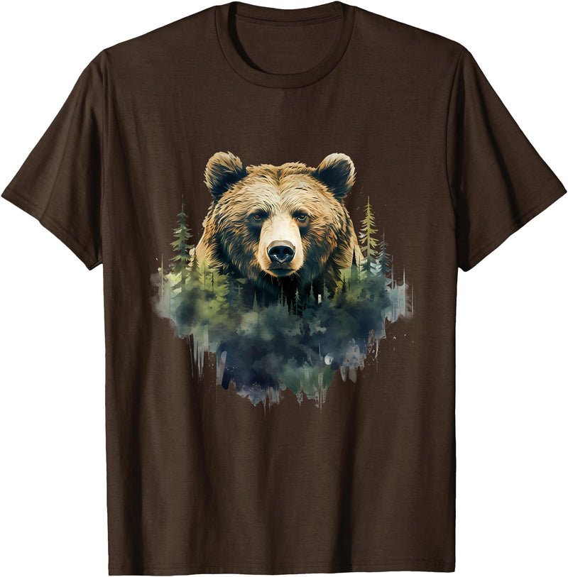 Bear Forest Animal Art Portrait Forest Artwork Wildlife T-Shirt - Brown