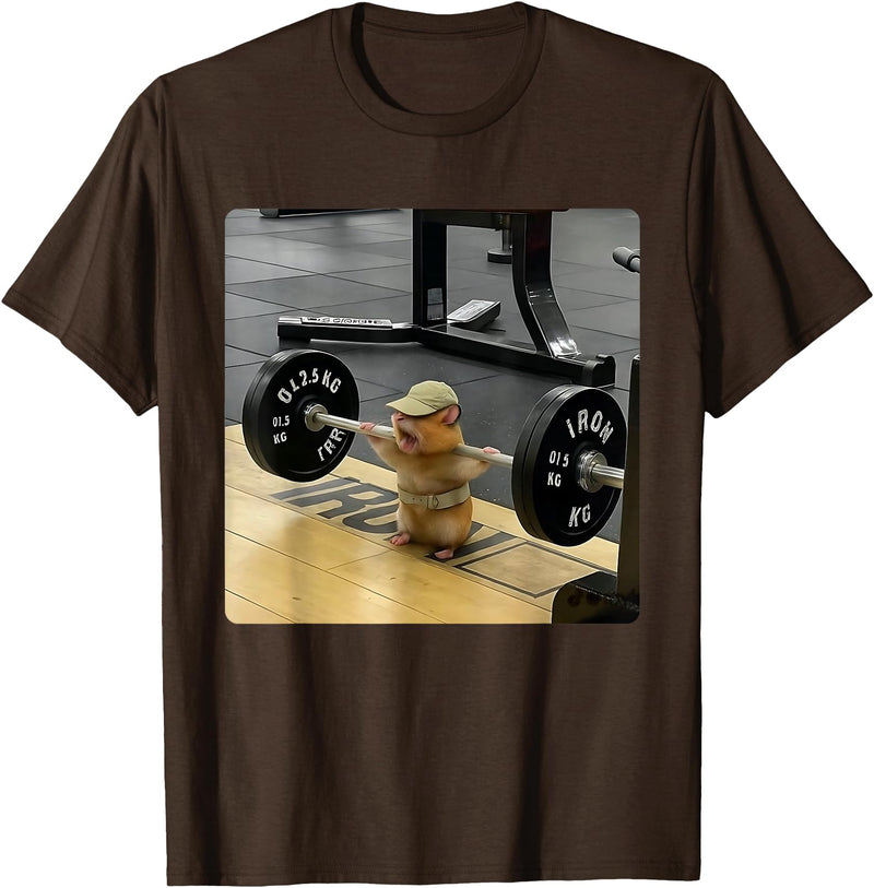Hamster Deadlift Training Funny Cute Rat Weightlifting Meme T-Shirt - Brown