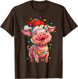 Pig Lovers Christmas Tree Lights Pig Santa Christmas Tree Lighting Xmas Funny T-Shirt - Brown