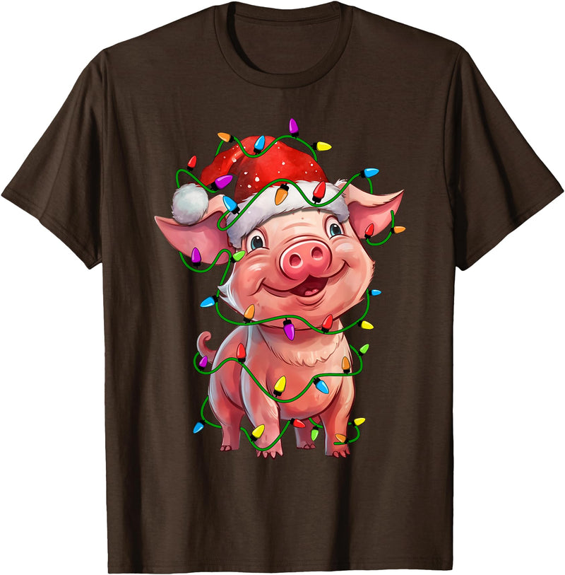 Pig Lovers Christmas Tree Lights Pig Santa Christmas Tree Lighting Xmas Funny T-Shirt - Brown