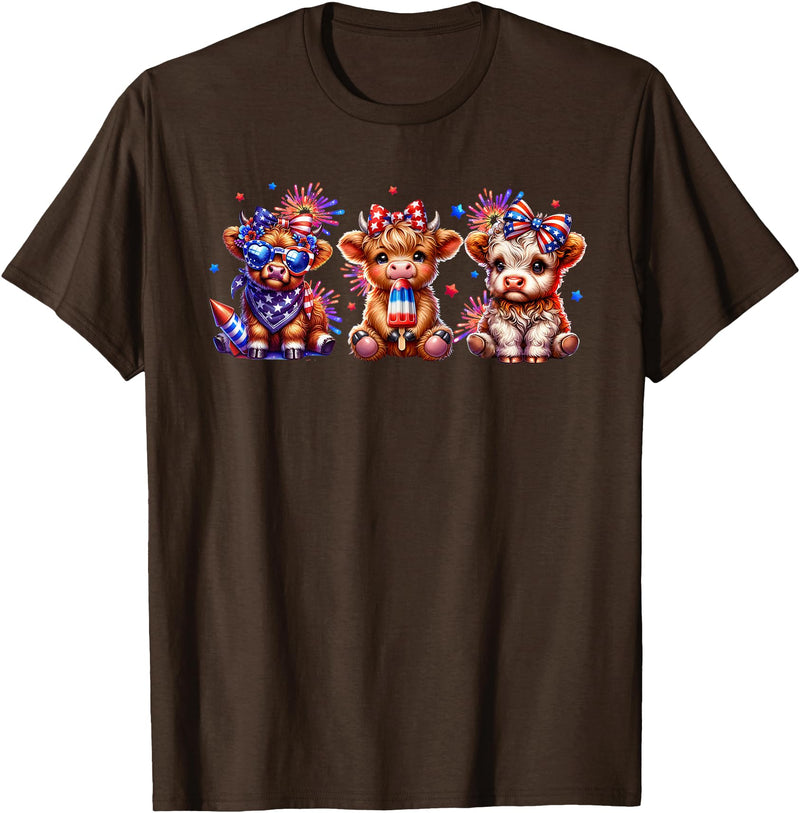 July 4th Highland Cow Farm Lovers American Costume Highland Cow Cattle Animal Lover Patriotic 4th of July T-Shirt - Brown