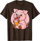 Funny Cute Pig Ice Cream Kawaii Design Pig Eating Ice Cream Graphic Boys Girls Pig Lover T-Shirt - Brown