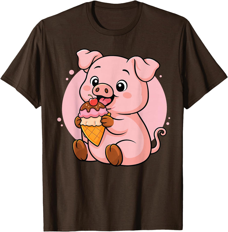 Funny Cute Pig Ice Cream Kawaii Design Pig Eating Ice Cream Graphic Boys Girls Pig Lover T-Shirt - Brown