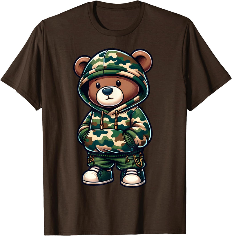 Camo Teddy Bear Hip Hop Designs for Men & Boys Camo Hip Hop Teddy Bear Camouflage Gangsta Streetwear Hustle T-Shirt - Brown