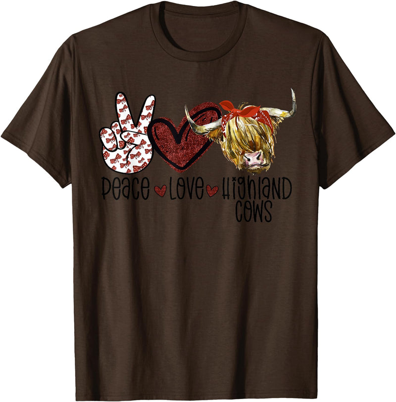 Funny Peace Love Designs Highland Beef Cow Farmers Peace Love Highland Cows T-Shirt - Brown