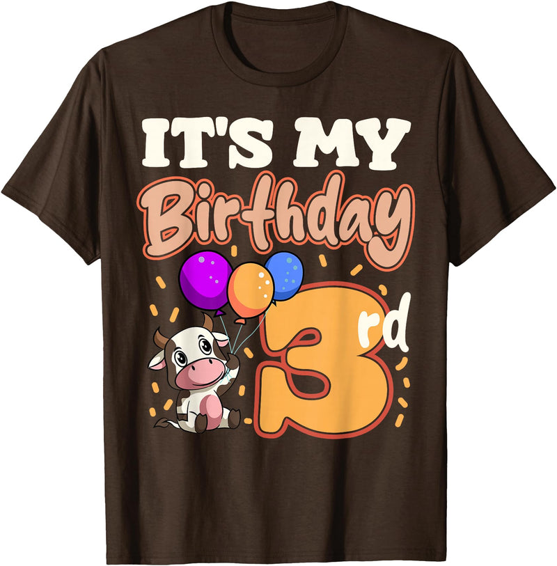 Cow Birthday 3 Party Farmyard Apparel Cow 3rd Birthday Party Balloons Moo Farm Animal Vet Barn T-Shirt - Brown