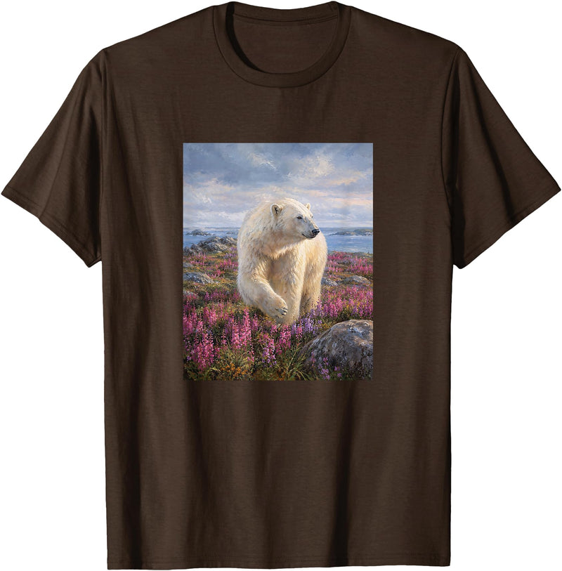 Dee Claire Art & Designs Polar Bear Summer Wildflower Meadow Nature Artwork T-Shirt - Brown